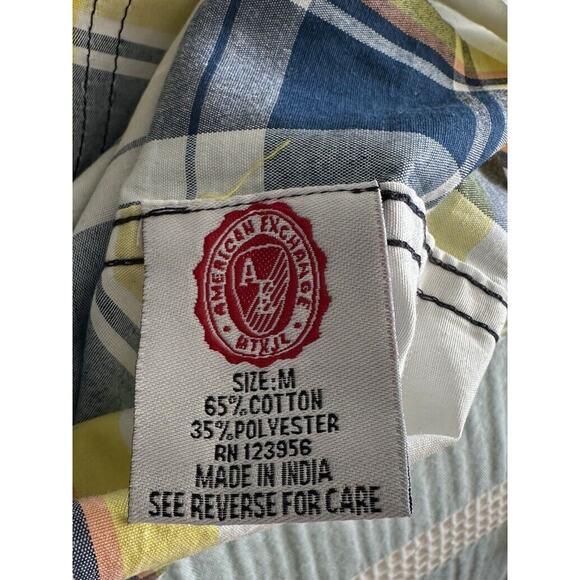 American Exchange Plaid Button Down Blue White Yellow Medium - Picture 5 of 5